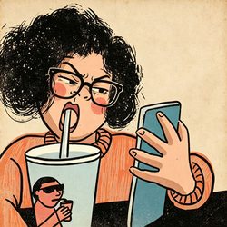复古搞怪女生看手机奶茶头像 搞怪沙雕微信头像