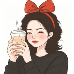 红蝴蝶结奶茶女生手绘头像 手绘风微信头像
