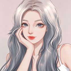 银灰长发托腮手绘女生头像 手绘风微信头像