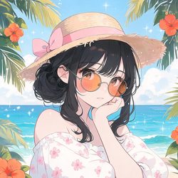 热带草帽墨镜少女头像 动漫风微信头像