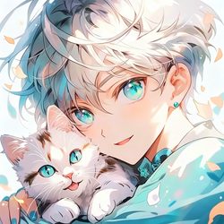 银白发抱猫治愈男头 治愈风微信头像