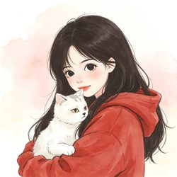 红衣女生抱猫水彩手绘头像 手绘风微信头像