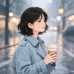 雨夜咖啡短发女生手绘头像 动漫风微信头像