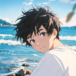 海边回头日漫男头 插画风微信头像