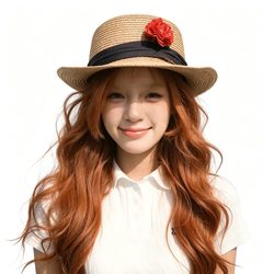 红棕卷发草帽女头 治愈风微信头像