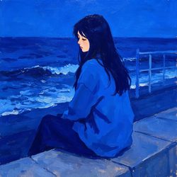 克莱因蓝海边油画女生头像 手绘风微信头像