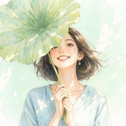 莲叶伞少女 · 水彩清新插画 手绘风微信头像