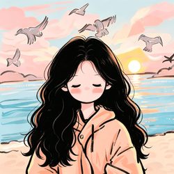 一起沦陷在海边黄昏 手绘风微信头像