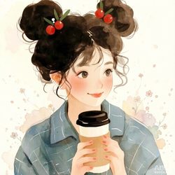双丸子头少女 · 奶茶水彩插画 插画风微信头像