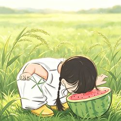 稻田西瓜女孩治愈头像 可爱呆萌微信头像