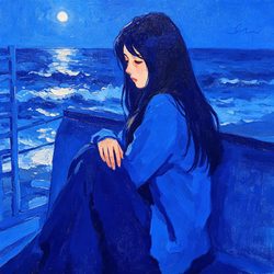 月夜海边克莱因蓝油画头像 手绘风微信头像