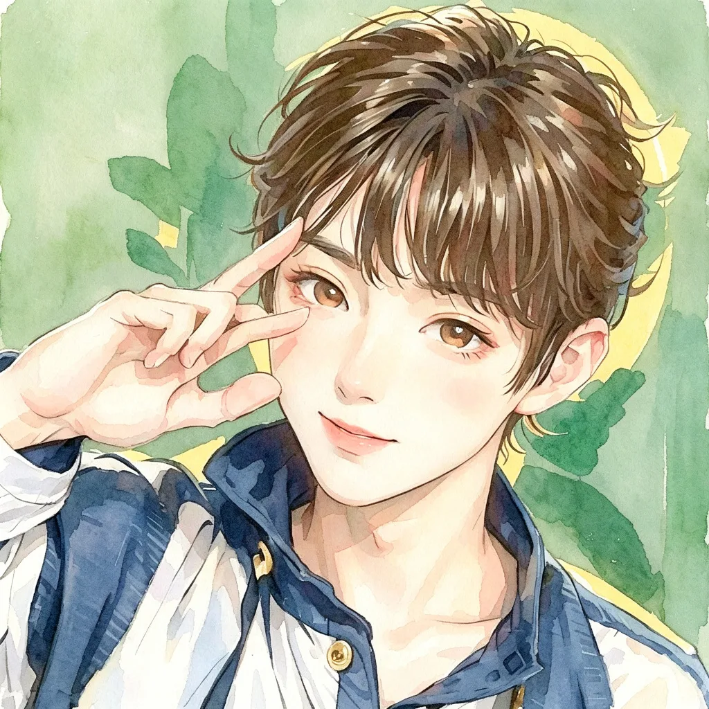 水彩比耶插画男头