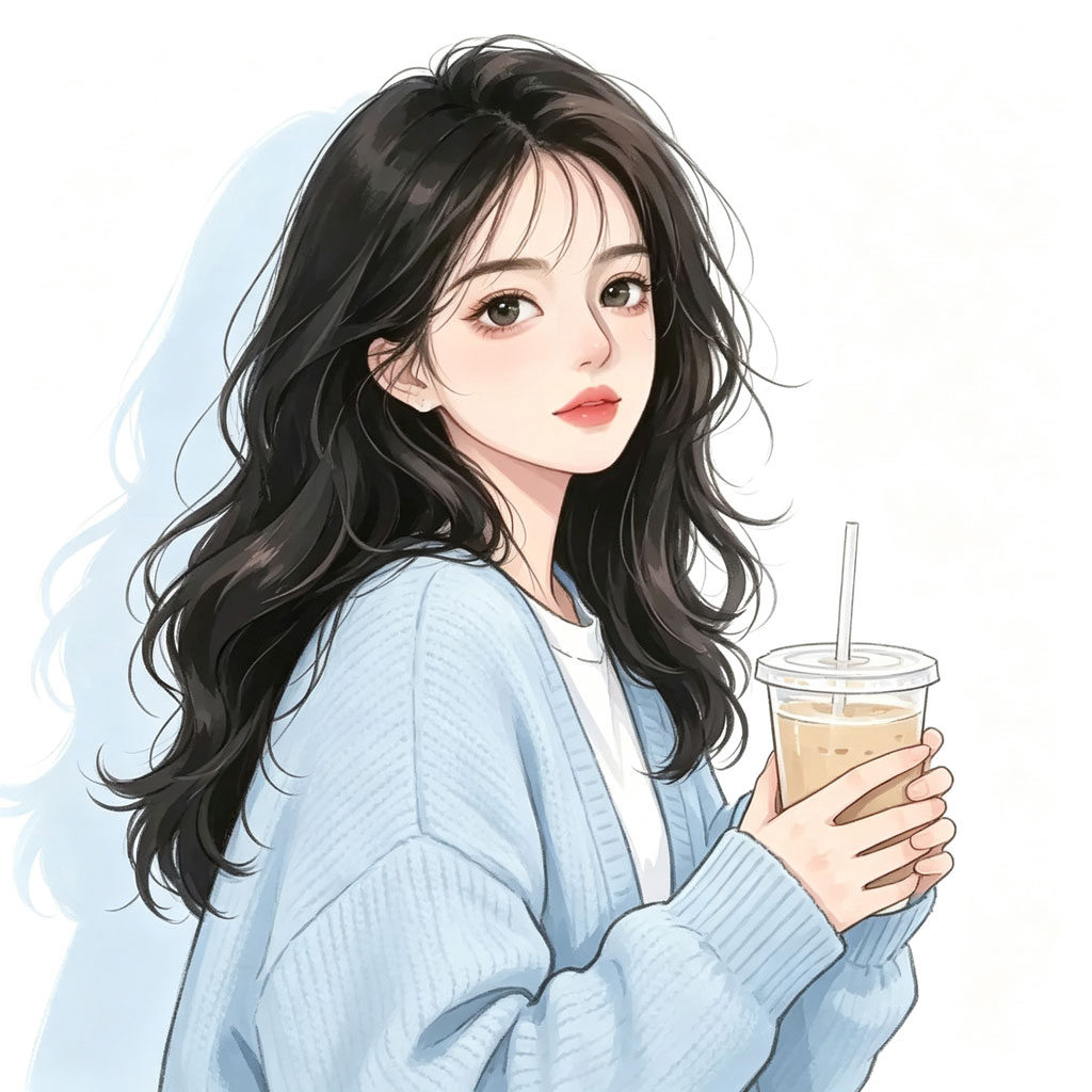 手持奶茶长发女生手绘头像