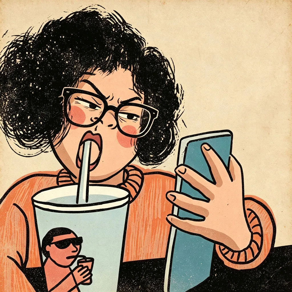 复古搞怪女生看手机奶茶头像