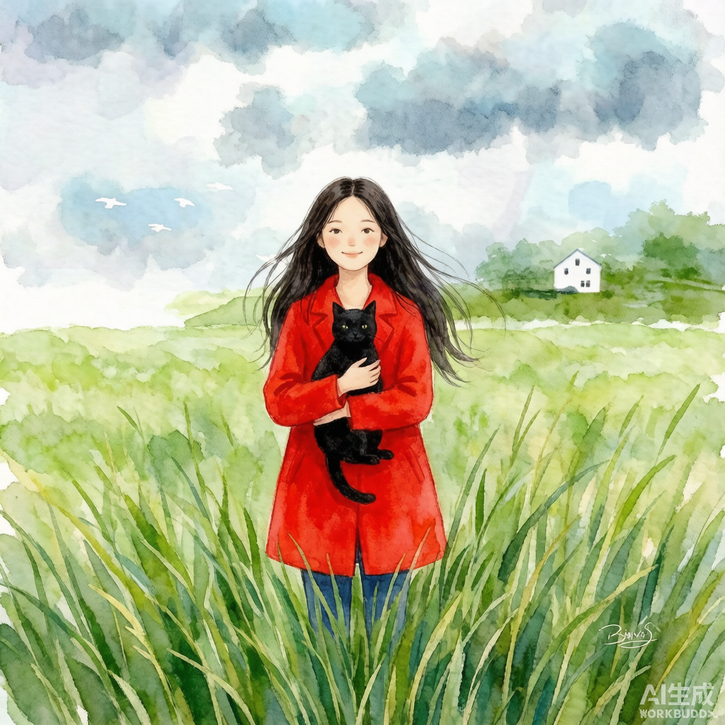 红衣少女 · 草地与猫