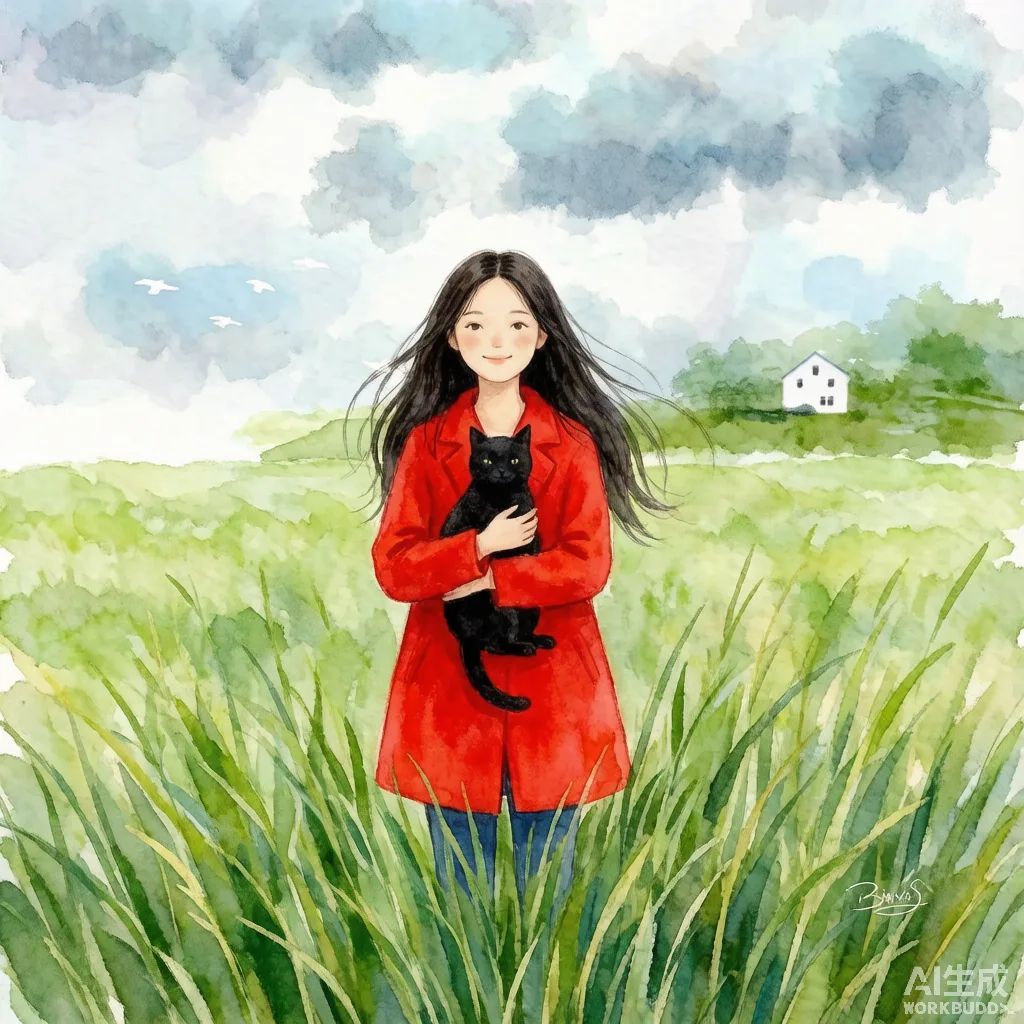 红衣少女 · 草地与猫