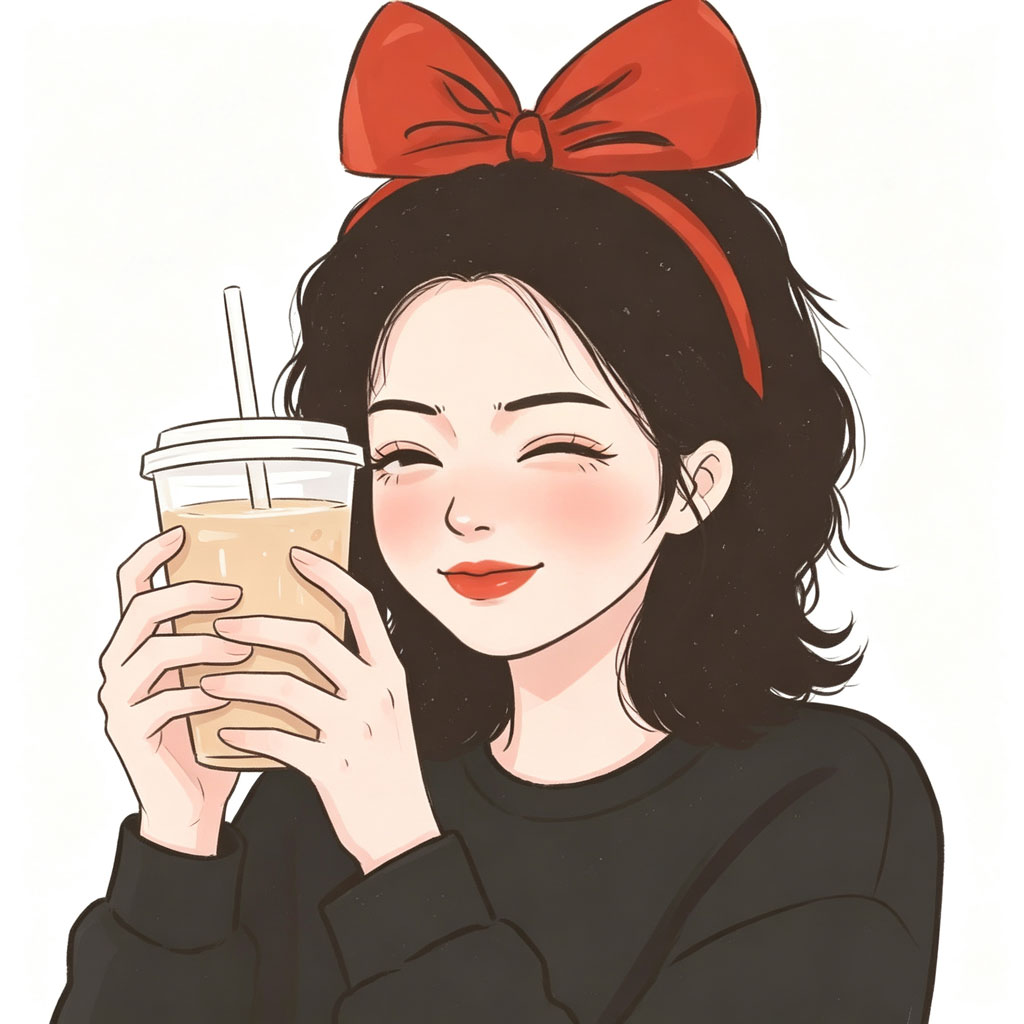 红蝴蝶结奶茶女生手绘头像