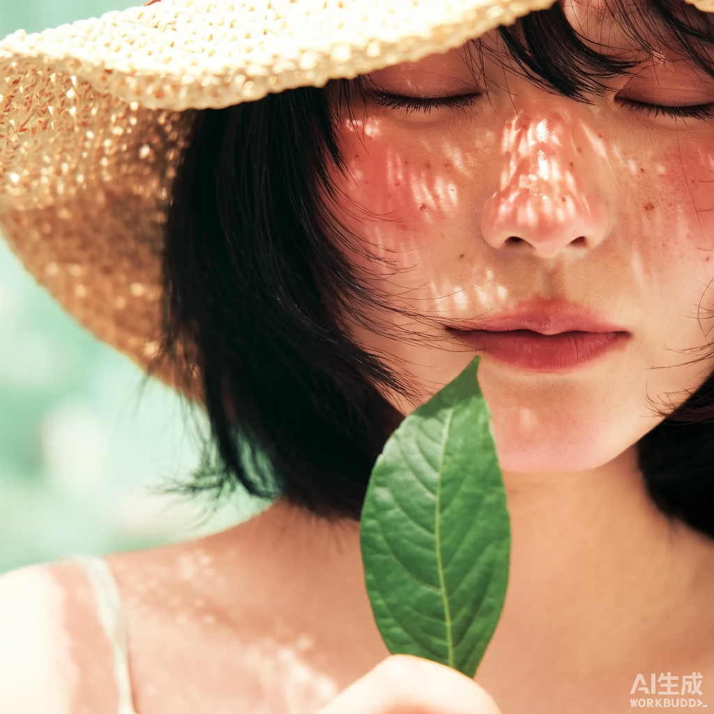 草帽叶影特写 · 温柔胶片少女