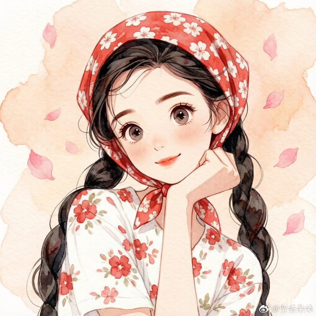 红衣双辫少女 · 国风卡通头像