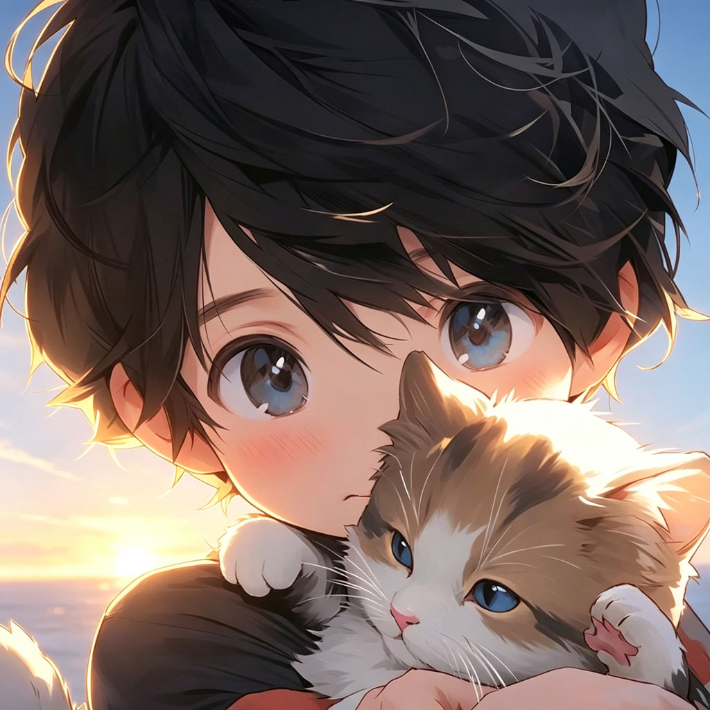 少年抱猫动漫头像