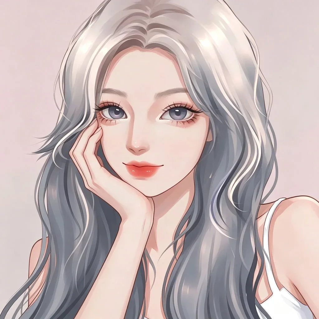 银灰长发托腮手绘女生头像