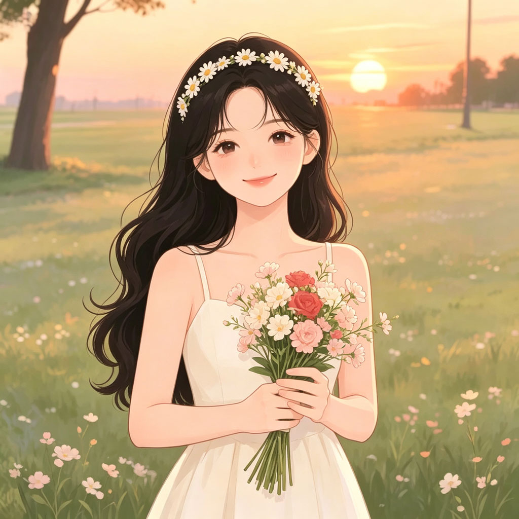 落日捧花女生手绘头像