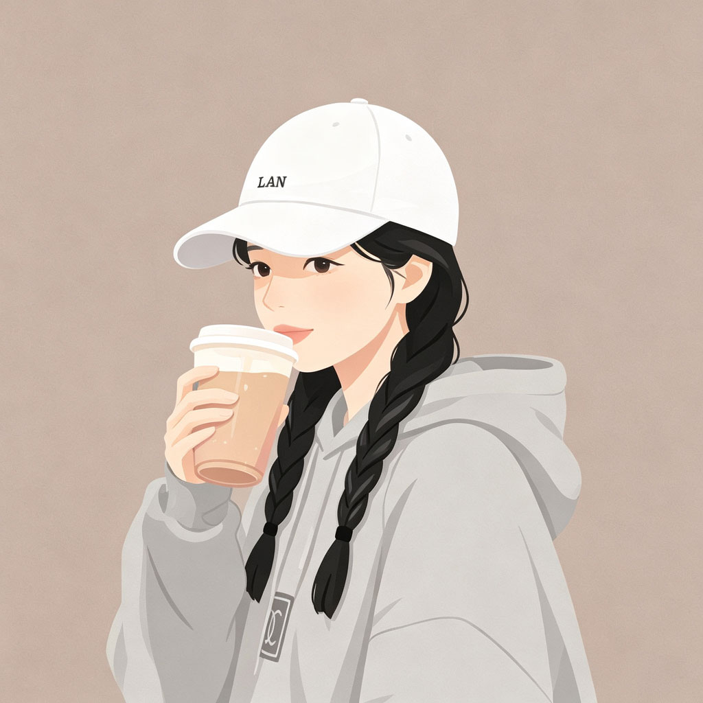 白帽双麻花奶茶扁平女生头像