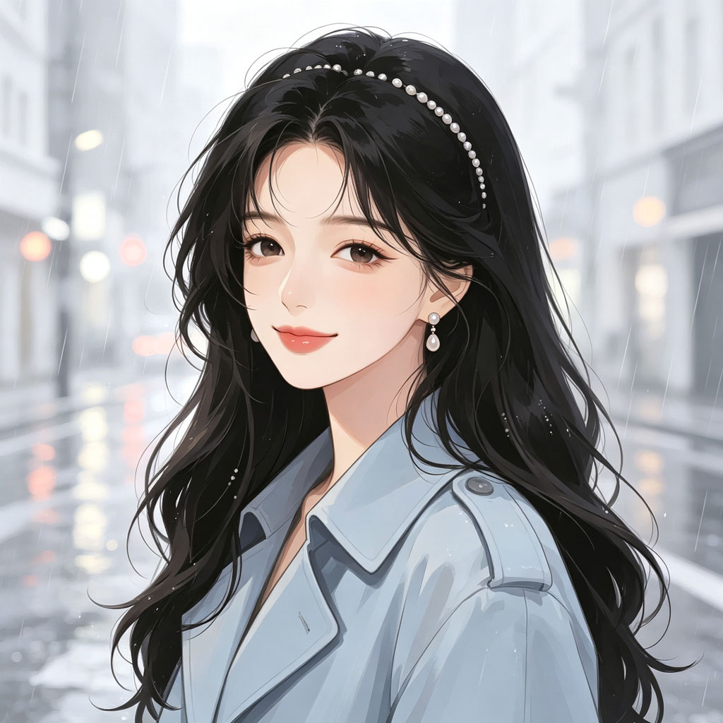 雨天长发女生手绘头像