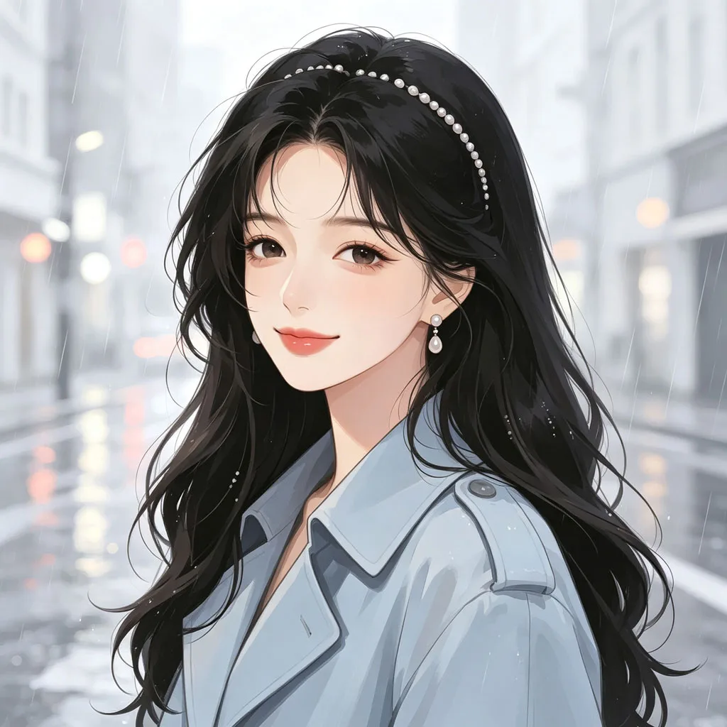 雨天长发女生手绘头像