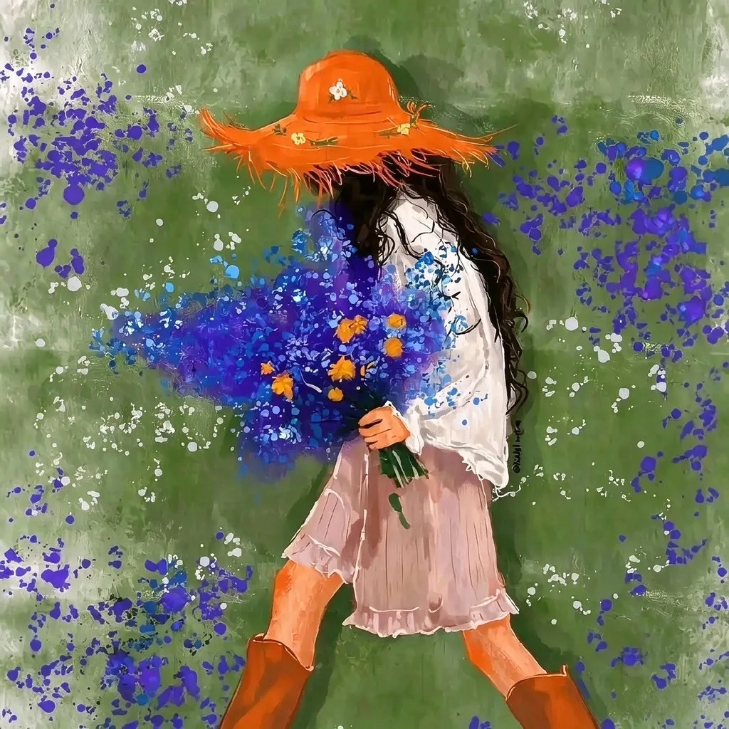 油画抱花宽檐帽头
