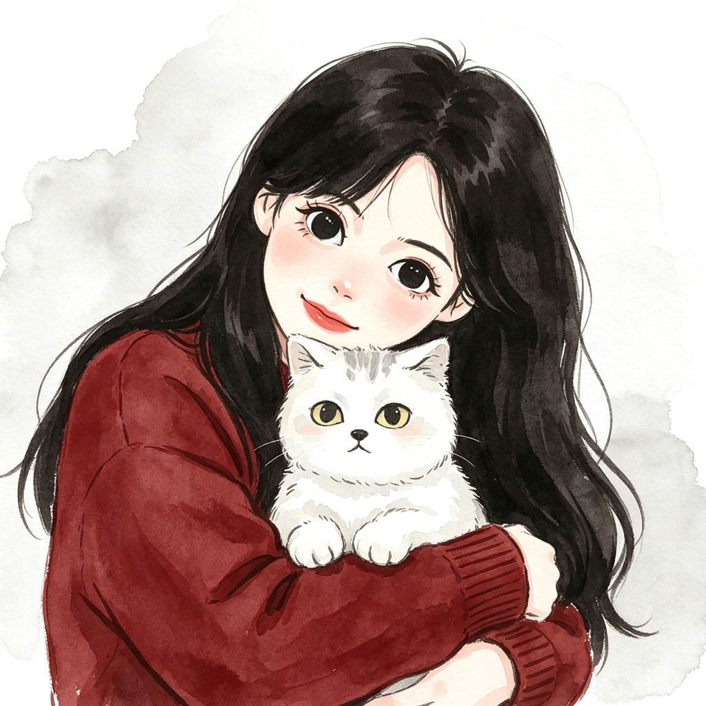抱白猫温柔女生手绘头像