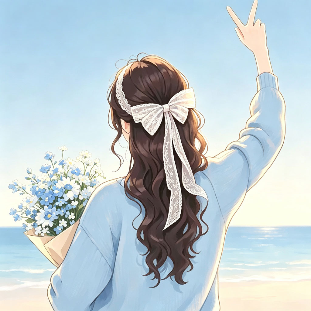 海边捧花女孩背影头像