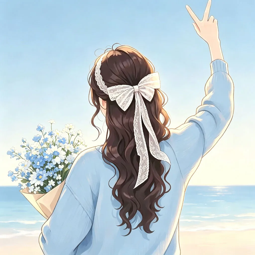海边捧花女孩背影头像