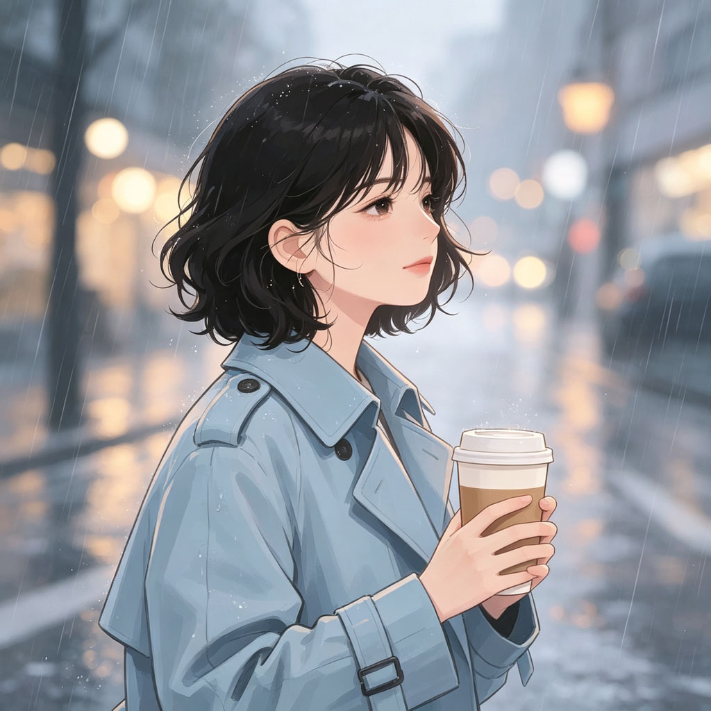 雨夜咖啡短发女生手绘头像