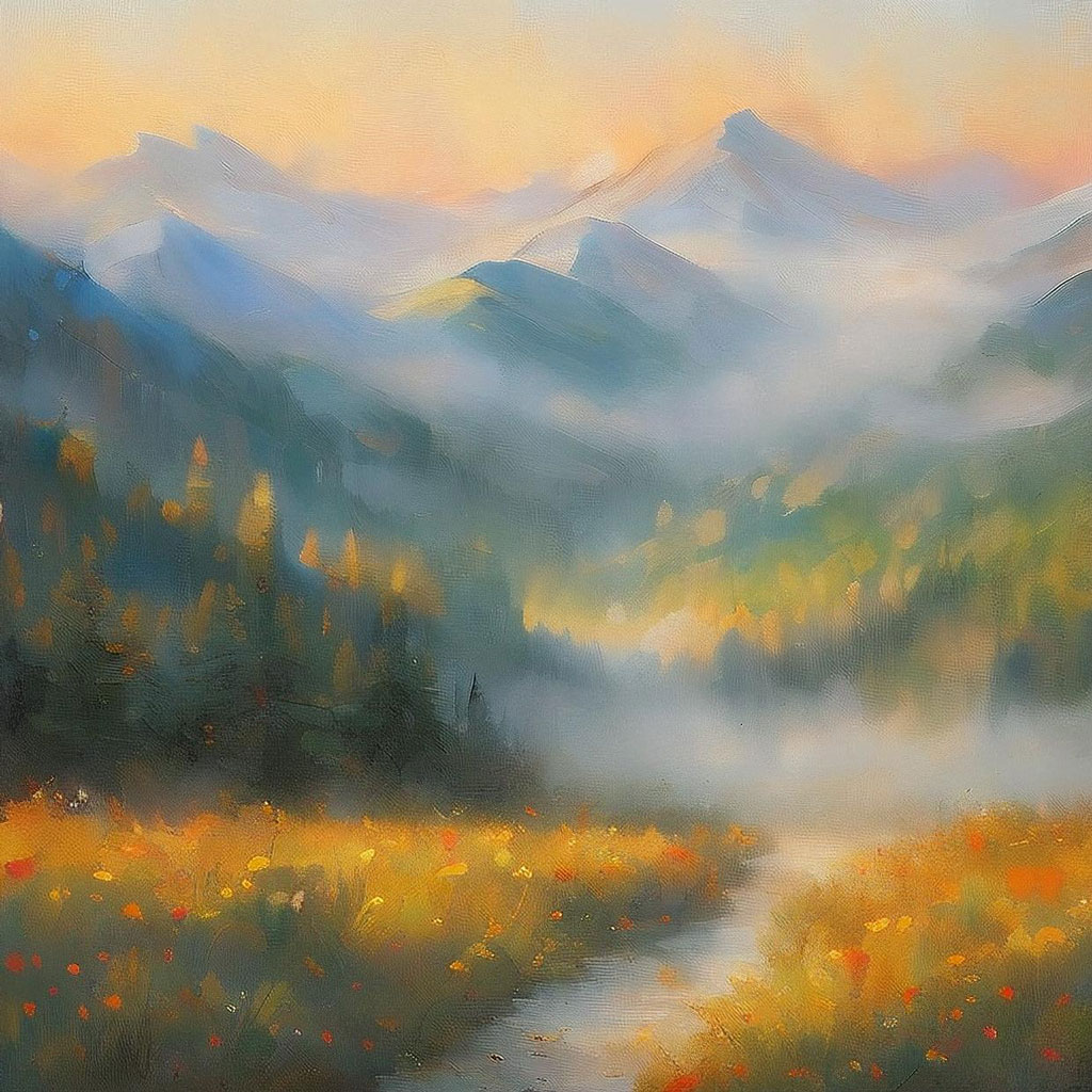 秋季迷雾远山油画头像