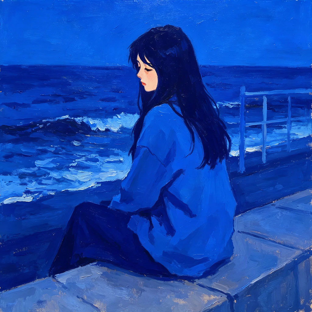 克莱因蓝海边油画女生头像