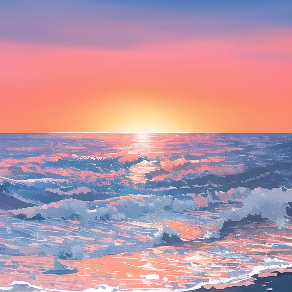 夕阳海面浪花油画头像