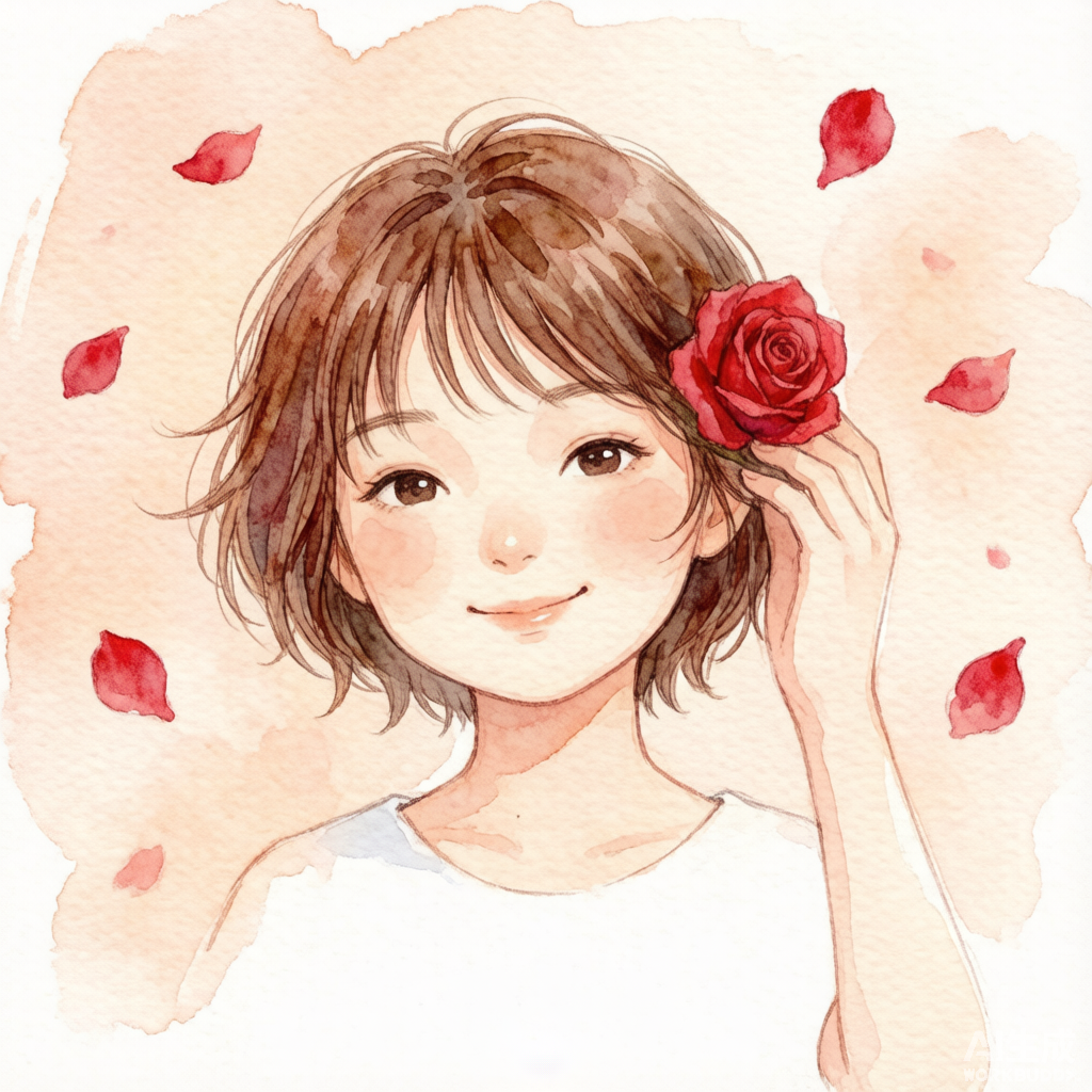 玫瑰耳饰短发少女 · 清新插画头像