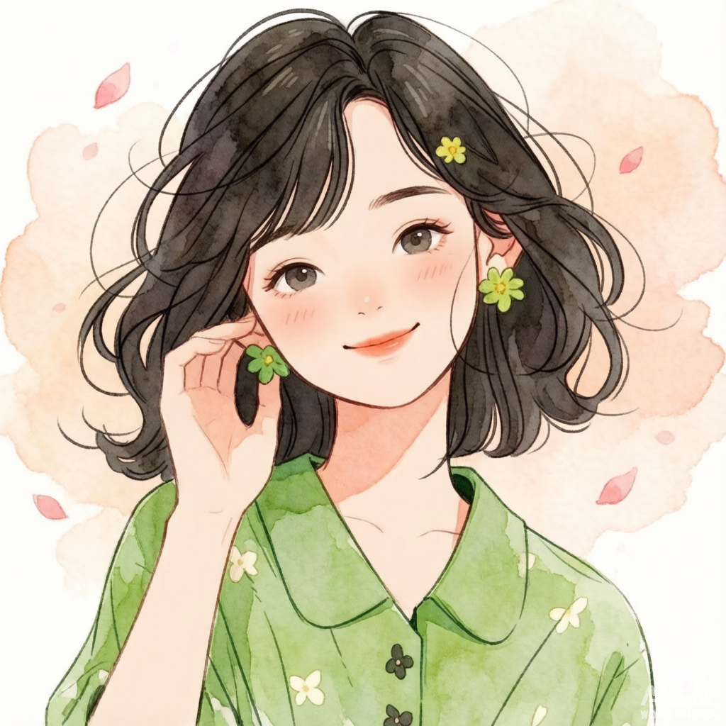 绿衬小花少女 · 治愈卡通头像
