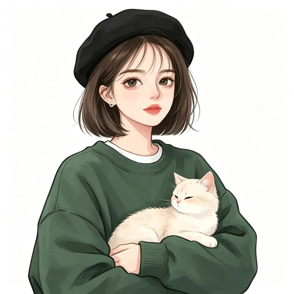 贝雷帽抱白猫女生手绘头像