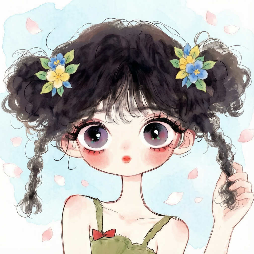 蓬蓬卷发绿裙少女 · 水彩治愈插画头像