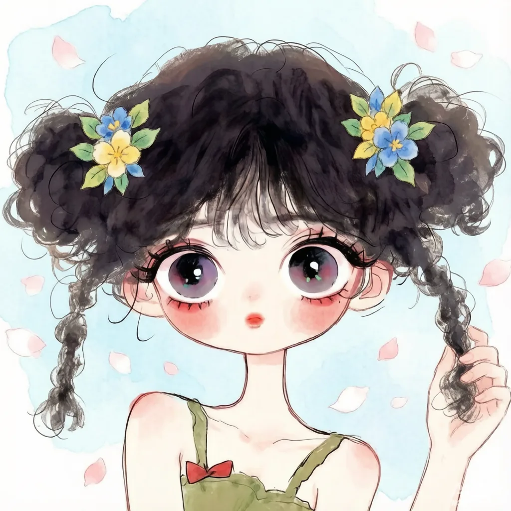 蓬蓬卷发绿裙少女 · 水彩治愈插画头像
