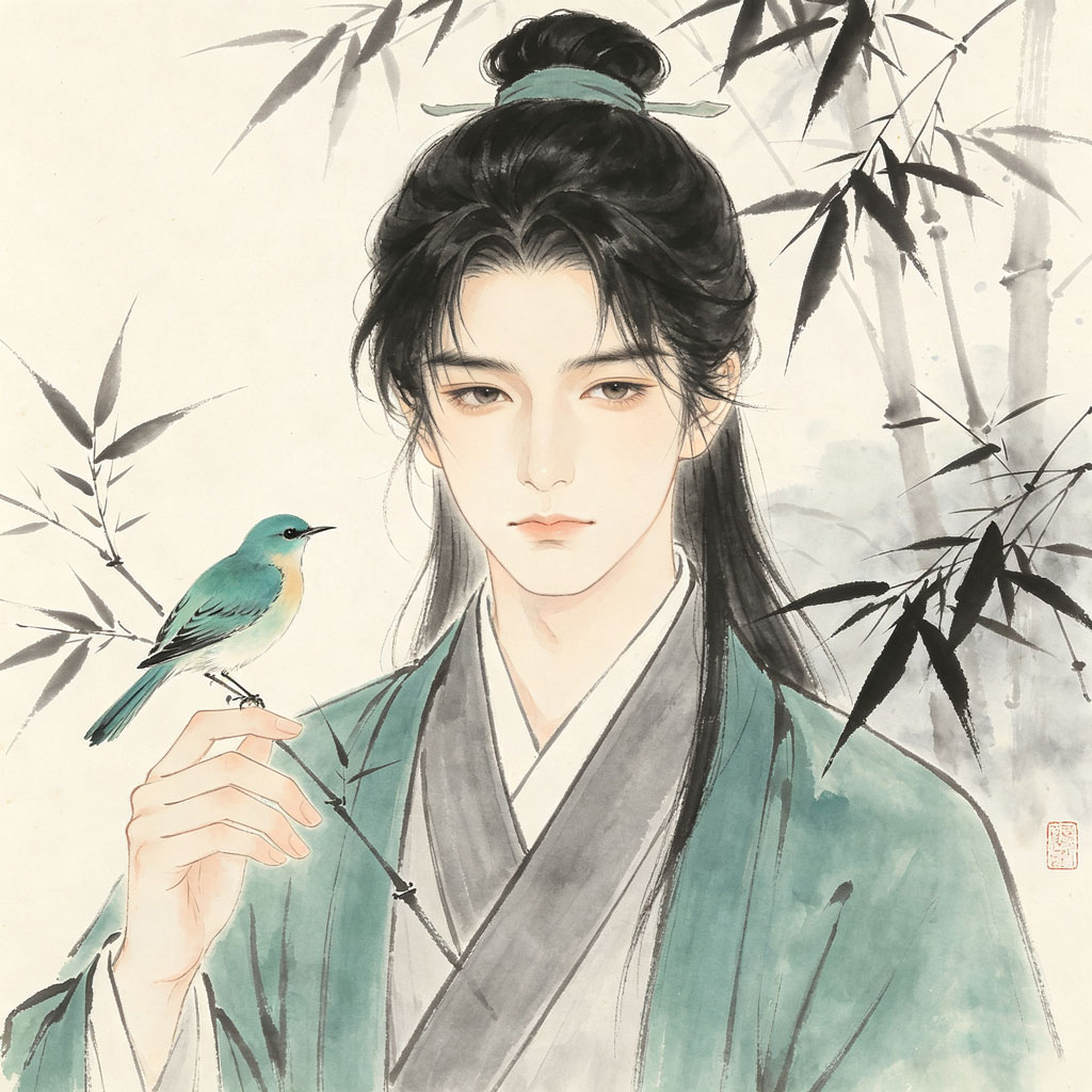 竹间翠鸟水墨头像