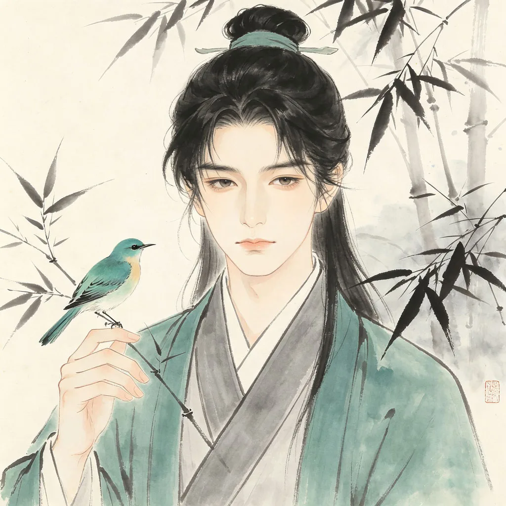 竹间翠鸟水墨头像