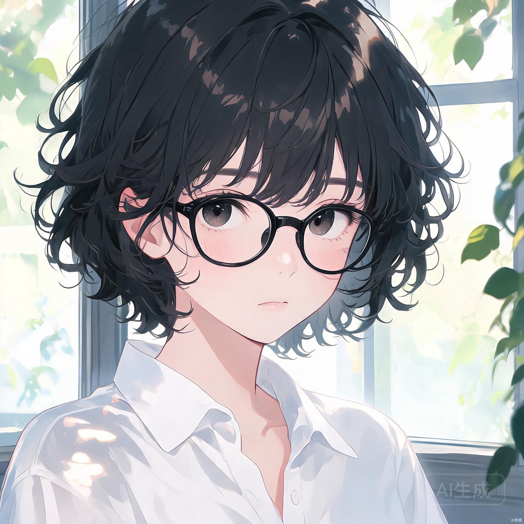 卷发白衬衫眼镜女孩头像合集