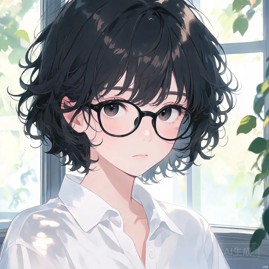 卷发白衬衫眼镜女孩头像合集
