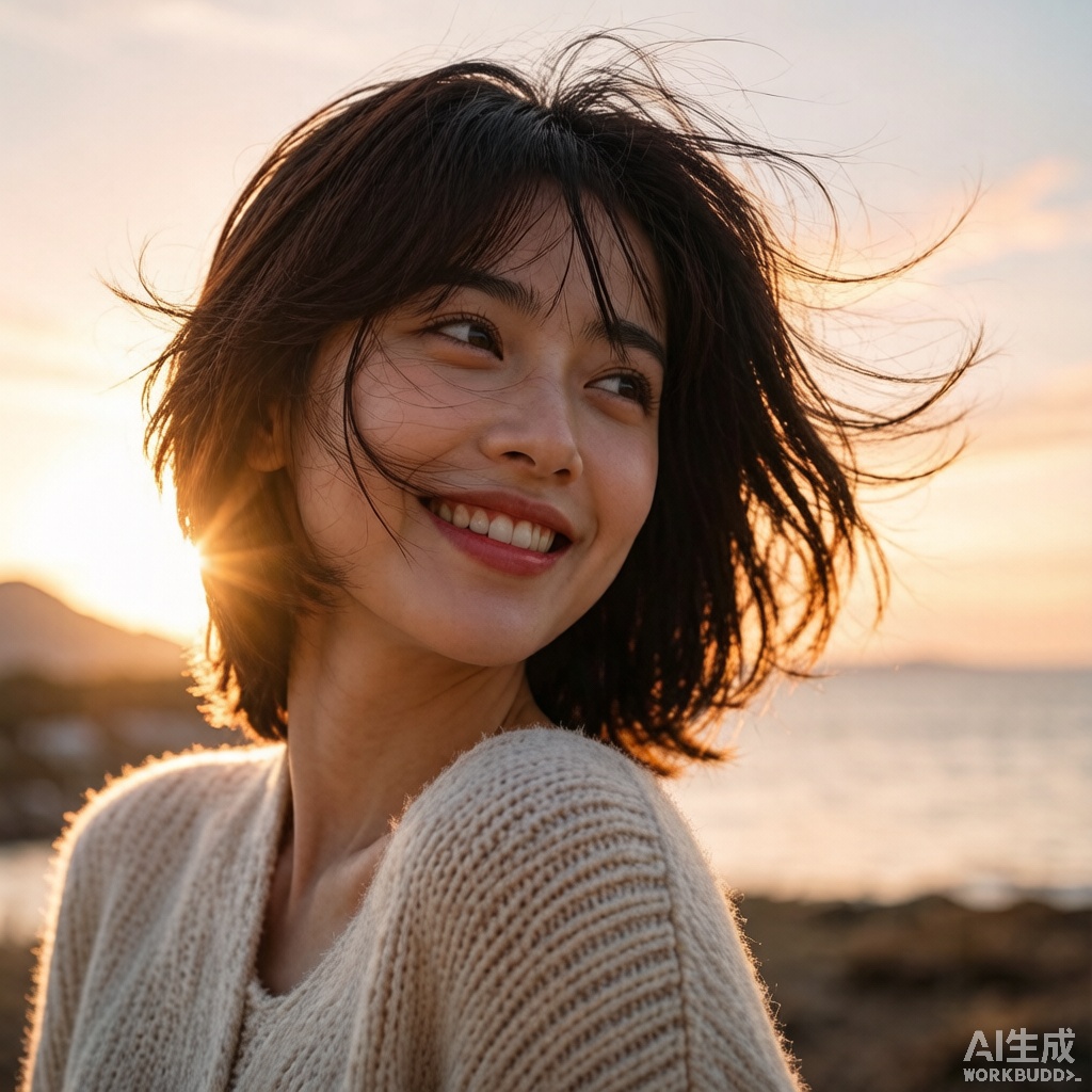 海边夕阳的针织少女