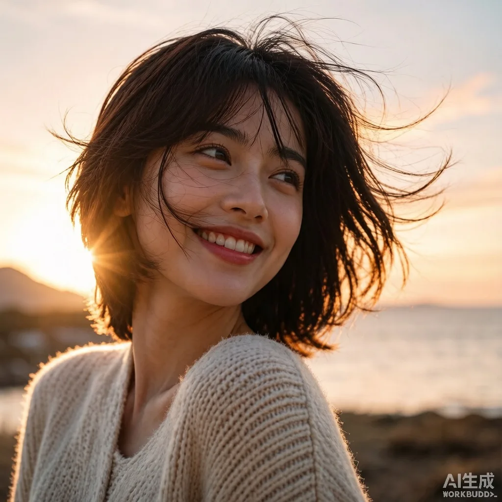 海边夕阳的针织少女