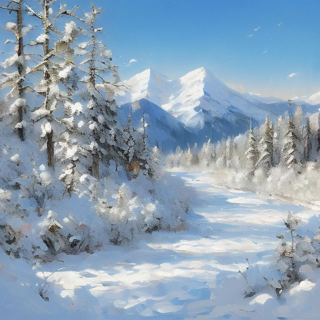 远山白雪树木油画头像