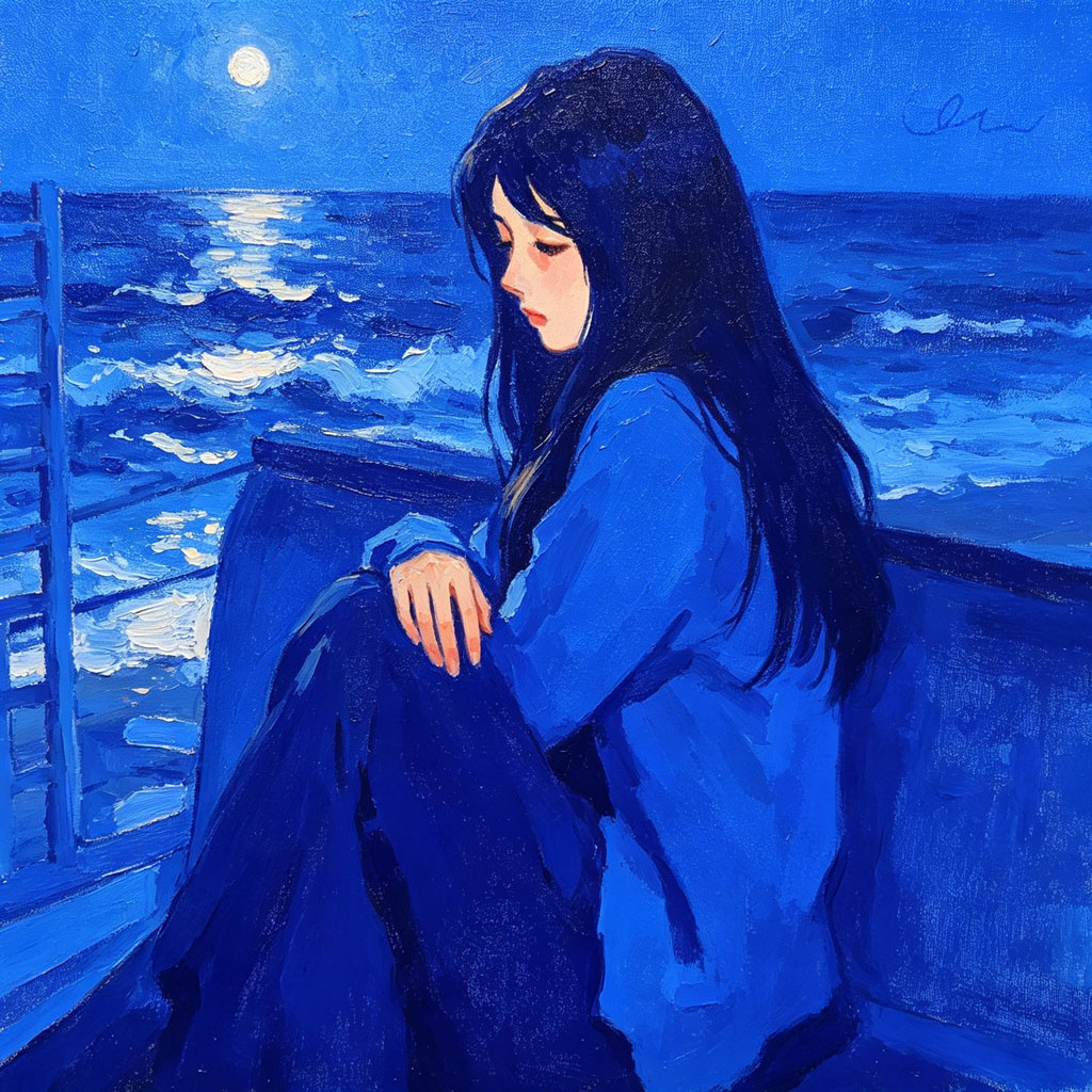 月夜海边克莱因蓝油画头像
